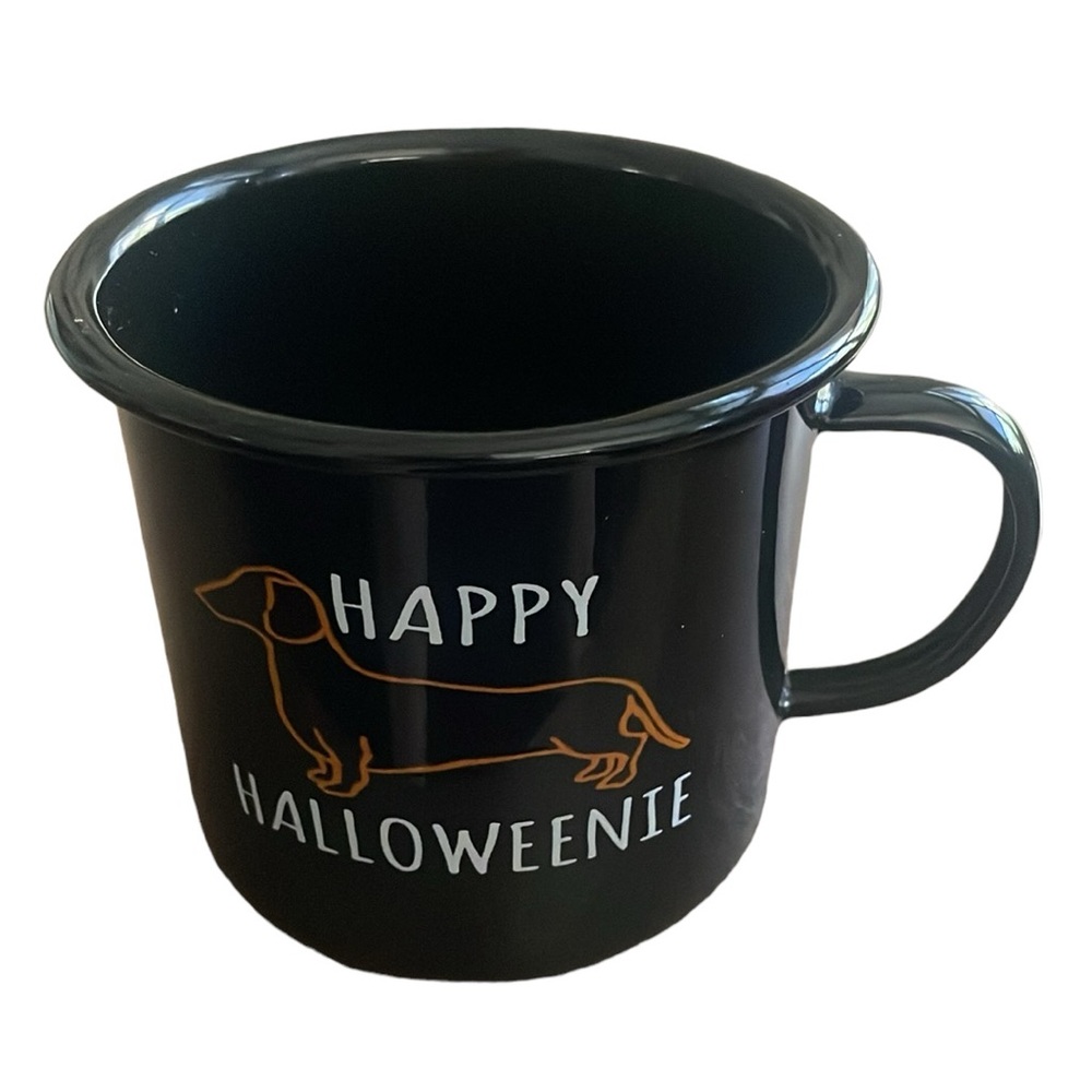 Happy Halloweenie Dog Dachsund Coffee Cup Black Orange Halloween NEW Mug Enamel